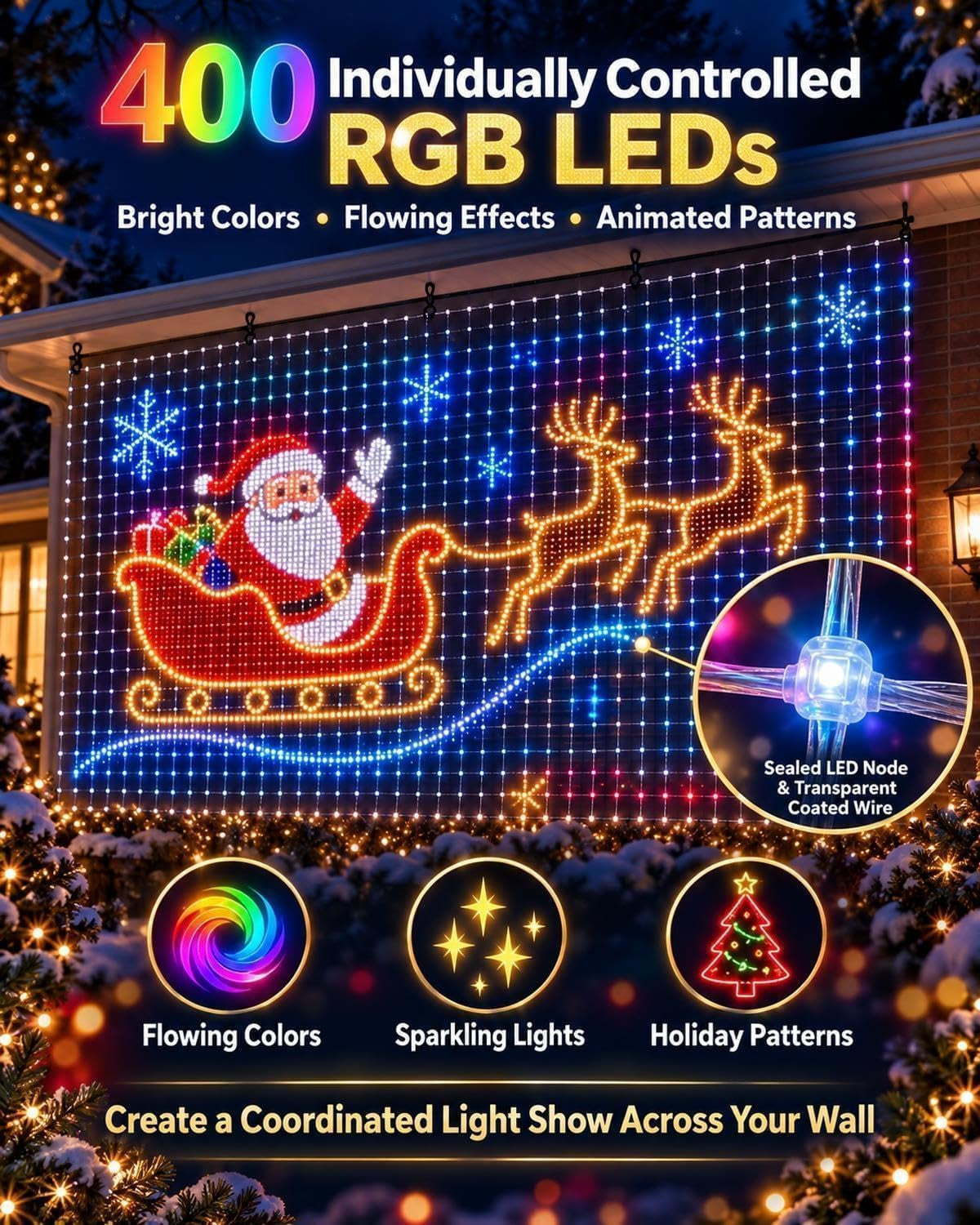 Smart Animated Christmas Tree Lights,Led Curtain Lights Christmas,Timer and Memory, RGB Outdoor Wall Window Fairy Light with Remote, USB Powered IP65 Waterproof，2X2M