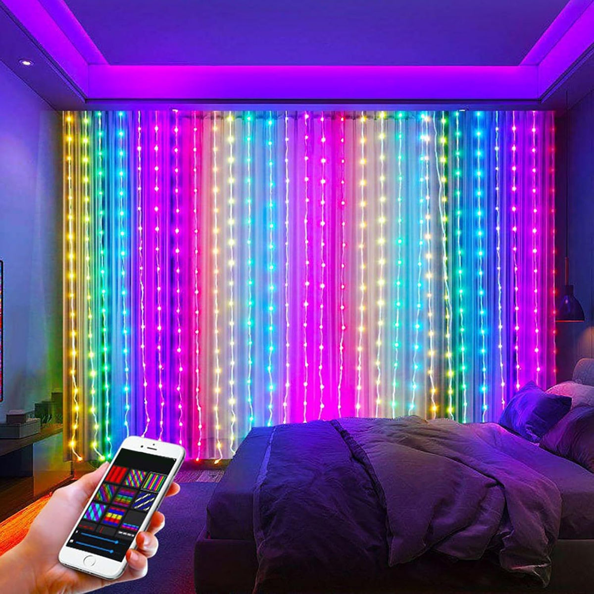 Smart Animated Christmas Tree Lights,Led Curtain Lights Christmas,Timer and Memory, RGB Outdoor Wall Window Fairy Light with Remote, USB Powered IP65 Waterproof，2X2M