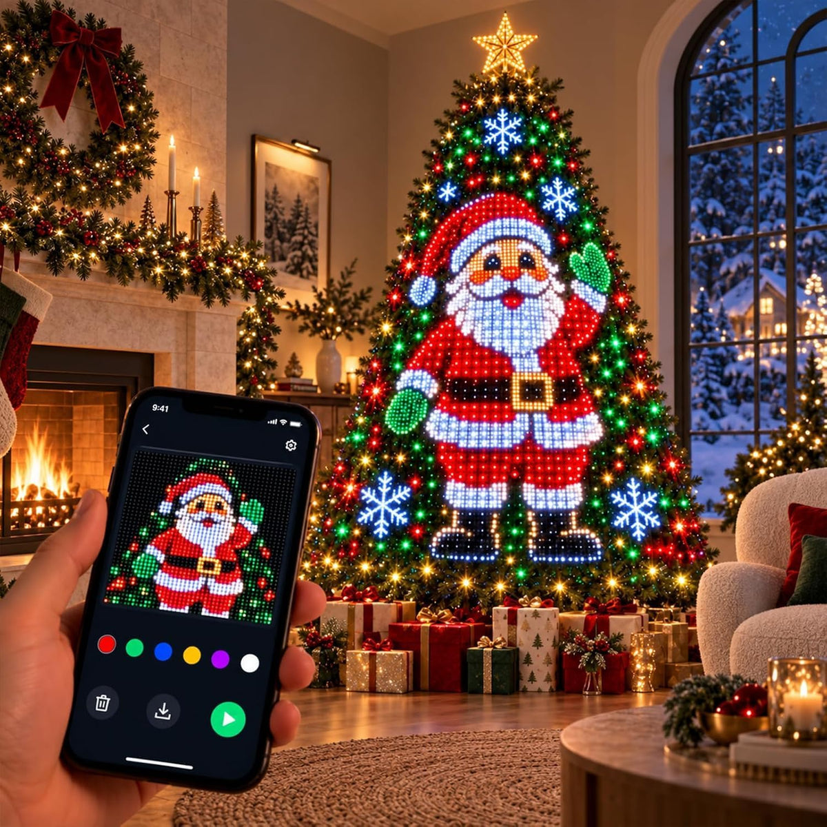 Smart Animated Christmas Tree Lights,Led Curtain Lights Christmas,Timer and Memory, RGB Outdoor Wall Window Fairy Light with Remote, USB Powered IP65 Waterproof，2X2M