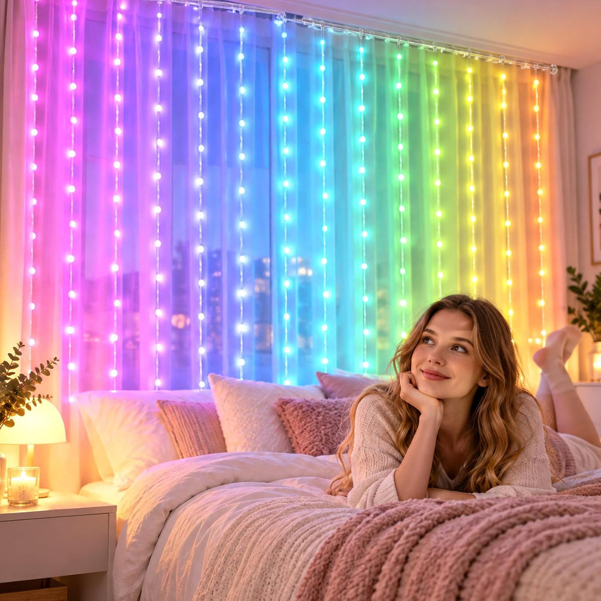 Smart Animated Christmas Tree Lights,Led Curtain Lights Christmas,Timer and Memory, RGB Outdoor Wall Window Fairy Light with Remote, USB Powered IP65 Waterproof，2X2M