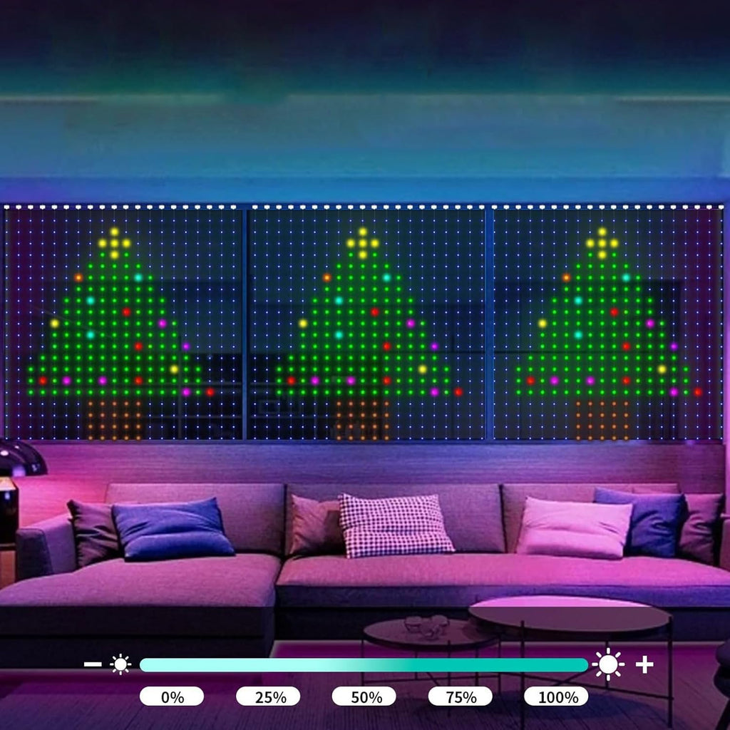 Smart Animated Christmas Tree Lights,Led Curtain Lights Christmas,Timer and Memory, RGB Outdoor Wall Window Fairy Light with Remote, USB Powered IP65 Waterproof，2X2M